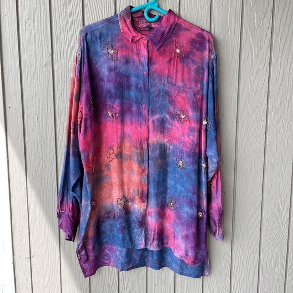 Vintage 2OFUS 90s Tie-Dye Embroidered Floral Sequin Oversized Boho Shirt - Picture 4 of 9